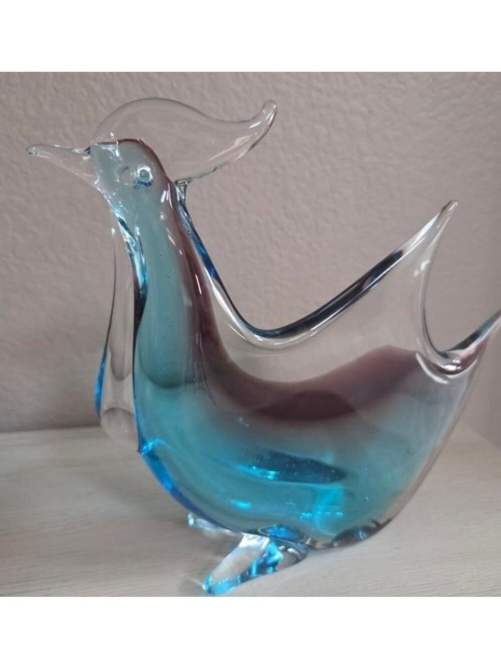 Vintage Italian Art Glass Rooster Figurine Blue Clear Sommerso Style 8"